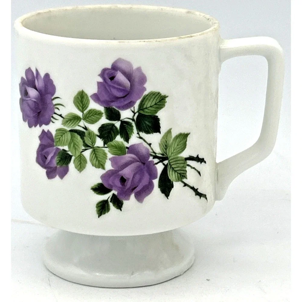 Vintage Retro Mug Cup Pedestal Purple Roses Flowers Coffee Tea Japan  8 Oz 1279#